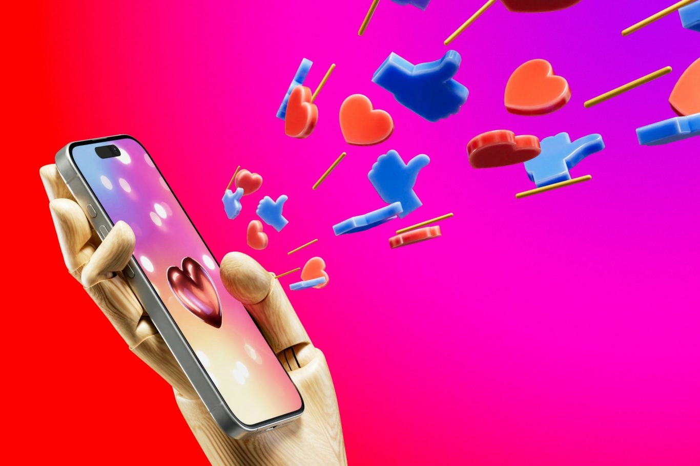 Smartphone in einer Hand mit aufsteigenden Symbolen von Herzen und Daumen hoch. Smartphone in einer Hand mit aufsteigenden Symbolen von Herzen und Daumen hoch.