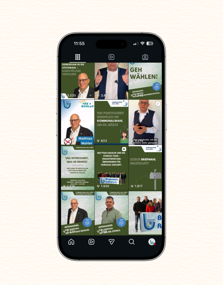 Smartphone-Bildschirm mit mehreren Instagram-Beiträgen in grünem Design.