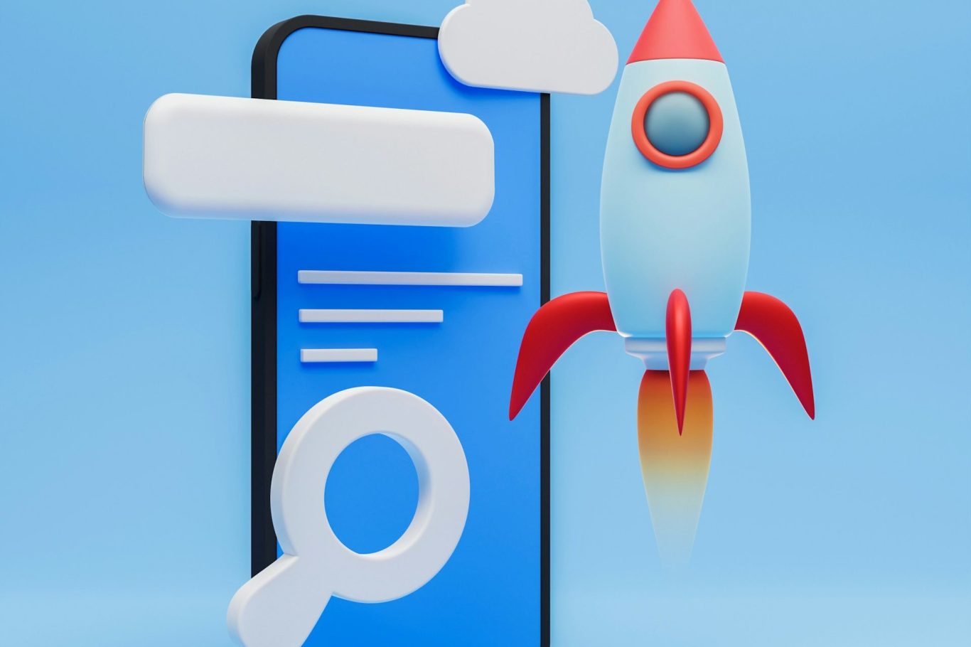 Ein Smartphone mit einer Rakete und Sprechblasen in einem blauen Hintergrund. Ein Smartphone mit einer Rakete und Sprechblasen in einem blauen Hintergrund.