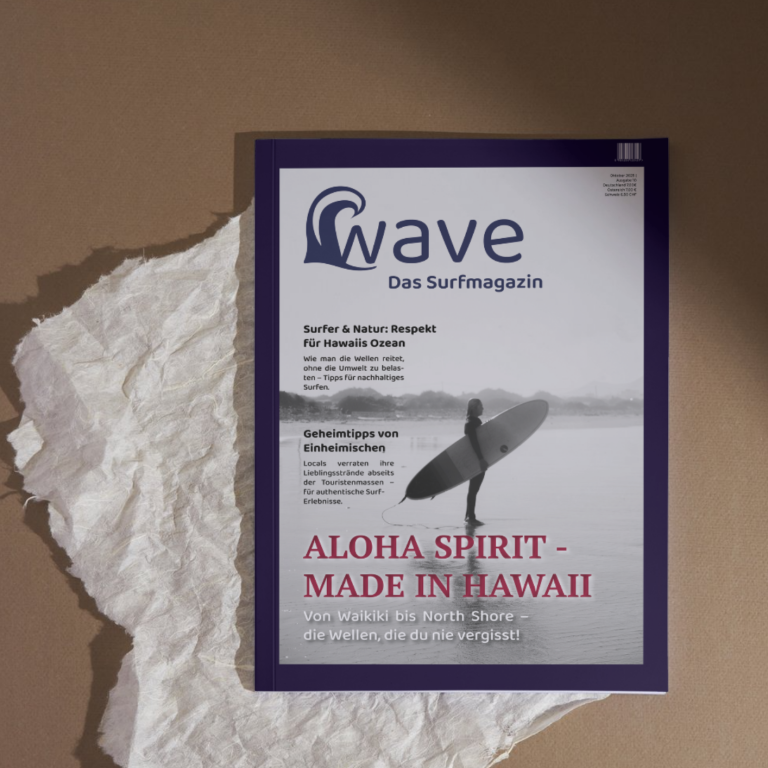 Wellenmagazin mit Titel „Aloha Spirit - Made in Hawaii“ und Surfer auf dem Cover.